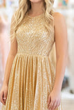 Sequined Gold A Line Scoop Neck Metallic Satin Formal Dress