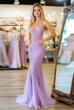 Lilac Spaghetti Straps Mermaid Lace Formal Dress