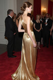 Golden One Shoulder Sheath Metallic Satin Long Formal Dress