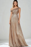 Golden One Shoulder Sequins A Line Long Prom Dress