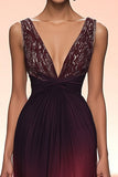 Burgundy Ruched Sheath V Neck Military Ball Dress with Back Zipper