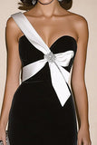 Black Satin One Shoulder Sheath Military Ball Dress with Slit