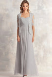 Silver Chiffon Lace Appliques Ruched 2-piece Square Neck A Line Mother of the Bride Dress