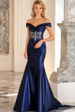 Elegant Navy Off the Shoulder Mermaid Satin Long Mother Of the Bride Dress with Embroidery