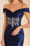 Elegant Navy Off the Shoulder Mermaid Satin Long Mother Of the Bride Dress with Embroidery