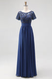 Navy A-Line Short Sleeves Long Chiffon Choir Dress with Beading