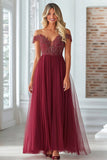 Burgundy A Line Tulle Lace Off the Shoulder Mother of the Bride Dress