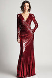 Sparkly V Neck Ruched Burgundy Mother of the Bride Dress with Long Sleeves