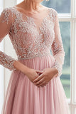 A Line Blush Boat Neck Long Sleeves Tulle Long Mother Of The Bride Dress