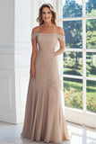 Off The Shoulder Taupe A Line Lace Appliqued Mother of the Bride Dress