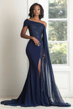 Elegant Navy One Shoulder Mermaid Applique Chiffon Long Mother of the Bride with Cape