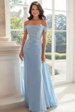 Elegant Sky Blue Sheath Off the Shoulder Chiffon Long Mother of the Bride with Appliques