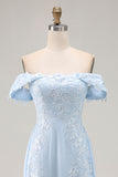 Elegant Sky Blue Sheath Off the Shoulder Chiffon Long Mother of the Bride with Appliques