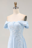 Elegant Sky Blue Sheath Off the Shoulder Chiffon Long Mother of the Bride with Appliques