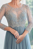 Elegant Dusty Blue Scoop Tulle Applique A-Line Long Mother of the Bride