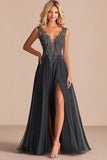 Charcoal A Line Lace V-Neck Long Mother of the Bride Dress with Appliques
