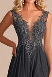 Charcoal A Line Lace V-Neck Long Mother of the Bride Dress with Appliques