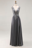 Charcoal A Line Lace V-Neck Long Mother of the Bride Dress with Appliques