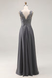 Charcoal A Line Lace V-Neck Long Mother of the Bride Dress with Appliques