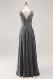 Charcoal A Line V-Neck Lace Appliques Mother of the Bride Dress