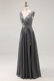 Charcoal A Line Lace V-Neck Long Mother of the Bride Dress with Appliques