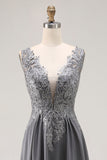 Charcoal A Line Lace V-Neck Long Mother of the Bride Dress with Appliques