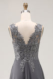 Charcoal A Line Lace V-Neck Long Mother of the Bride Dress with Appliques