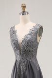 Charcoal A Line Lace V-Neck Long Mother of the Bride Dress with Appliques