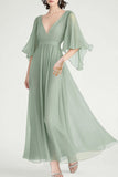 Dusty Sage A Line V-Neck Chiffon Angel Sleeves Formal Dress