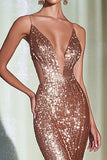 Rose Gold Sequins Mermaid Deep V-Neck Formal Dress