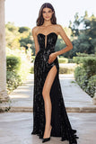 Strapless A Line Black Sequined Formal Dress With Slit