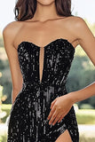 Strapless A Line Black Sequined Formal Dress With Slit