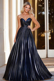 Glitter A Line Navy Sweetheart Ruched Formal Dress