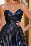 Glitter A Line Navy Sweetheart Ruched Formal Dress