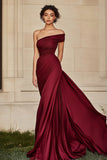 Burgundy Sheath One Shoulder Ruched Satin Formal Dress