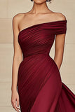 Burgundy Sheath One Shoulder Ruched Satin Formal Dress