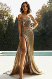 Gold Off The Shoulder Sheath Metallic Satin Formal Dress With Slit