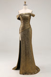 Gold Off The Shoulder Sheath Metallic Formal Dress With Slit