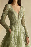 Dusty Sage A Line Long Sleeve V-Neck Tulle Formal Dress