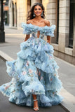 Floral Blue Off the Shoulder A Line Ruffled Formal Dress