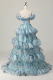 Floral Blue Off the Shoulder A Line Ruffled Long Formal Dress