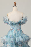 Blue Off the Shoulder A Line Floral Ruffled Long Formal Dress