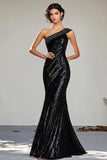 Black Sequined One Shoulder Sheath Long Formal Dress