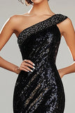 Black Sequined One Shoulder Sheath Long Formal Dress