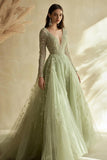 Dusty Sage Lace Applique Tulle V Neck Formal Dress with Long Sleeves