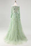 Dusty Sage Tulle Appliqued V Neck Long Sleeves Formal Dress