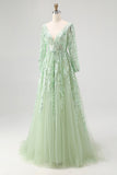 Dusty Sage Tulle Appliqued V Neck Long Sleeves Formal Dress