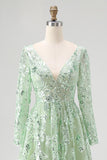 Dusty Sage Tulle Appliqued V Neck Long Sleeves Formal Dress