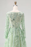 Dusty Sage Tulle Appliqued V Neck Long Sleeves Formal Dress