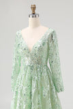 Dusty Sage Tulle Appliqued V Neck Long Sleeves Formal Dress
